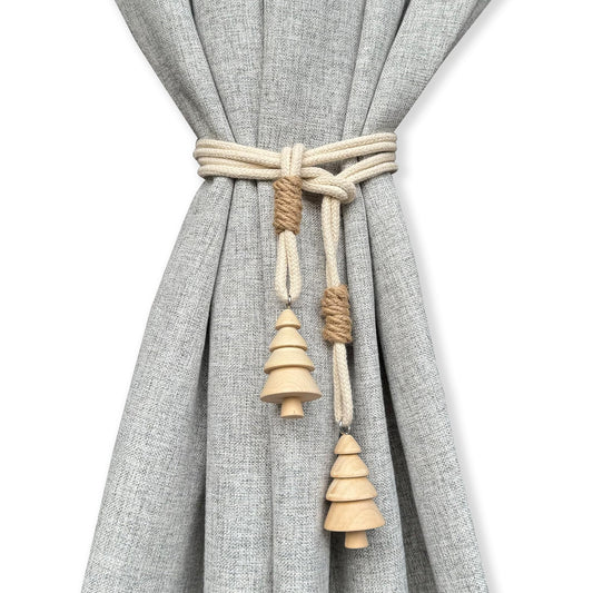 Curtain Tiebacks Farmhouse Holdbacks for Drapes, Boho Tie Backs for Curtains, Cotton Rope with Woody Christmas Tree for Home Decor, Natural Shabby Chic Drapery Holder, Pack-2
