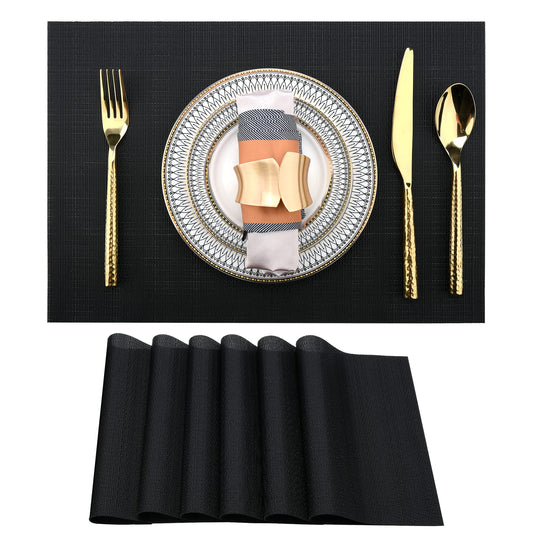 SLKQG Black Placemats Set of 6 - Easy Clean Washable Vinyl Placemats - Wipeable Heat Proof Table Mats for Dining Table - 17x12 Inch (Pure Black, 6)