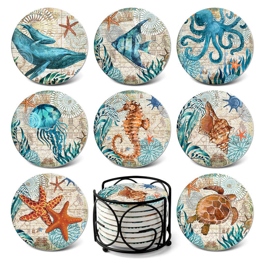 Teivio Absorbing Stone Sea Ocean Life Coasters for Drinks, Cork Base with Holder,Coastal Decor Beach Theme Tropical,for Housewarming Apartment Kitchen Bar Decor, For Wooden Table Coffee table,Set of 8