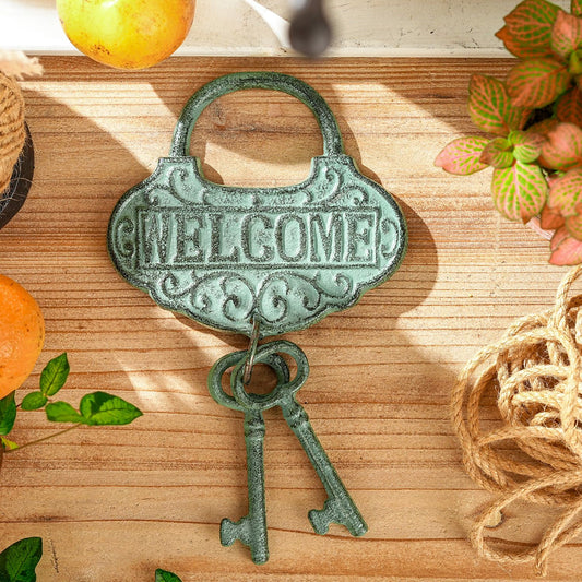 Sungmor Vintage Cast Iron Decorative Padlock and Keys-Rustic Wall Hanging,Ornate Lock Sculpture for Home,Farmhouse & Boho Decor, Aerugo Finish