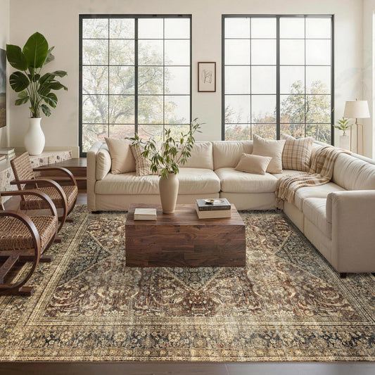 Ruicharm Washable 9x12 Area Rug: Vintage Brown Rugs for Living Room Bedroom Dining Room Office Indoor - Soft Non-Slip Large Carpet Home Decor - Oriental Dark Brown