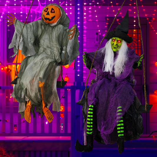Hourleey 2 Pack Halloween Decorations Outdoor, Swinging 3.6ft Witch and Hanging 4ft Pumpkin Ghost with Lighted Eyes for Haunted House Prop Décor, Halloween Indoor