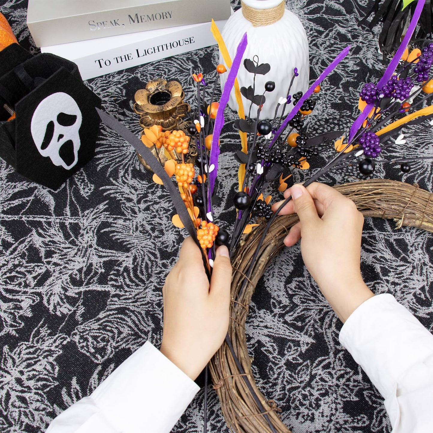 Yawwind 6 PCs Halloween Flowers Artificial 17 Inches Black Halloween Stems with Berry Branch Gothic Floral Picks for Vase Flower Arrangement Home Party Thanksgiving Harvest Decor