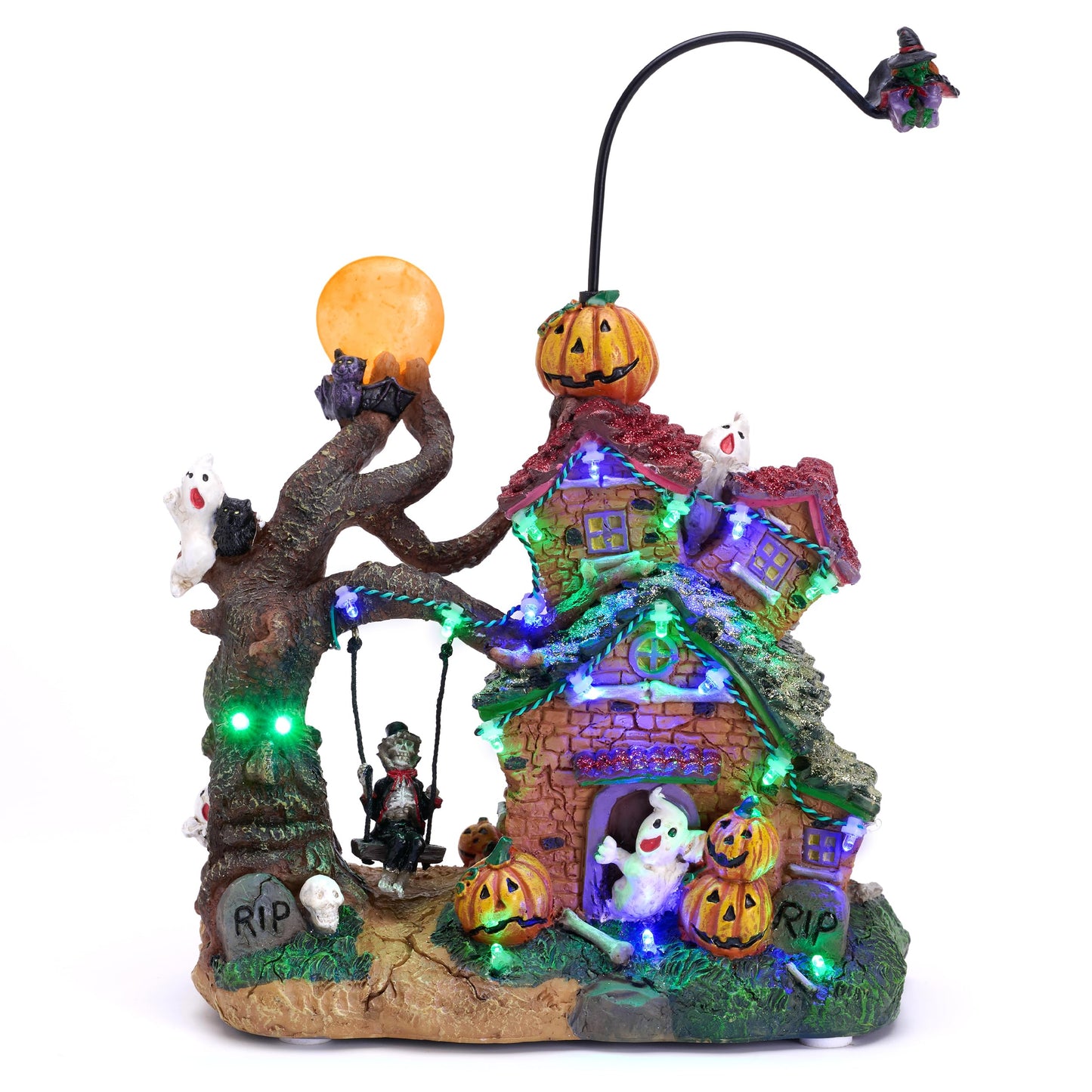 Valery Madelyn Halloween Decorations, Lighted Halloween Village Houses with Music and LED Lights, Resin Spooky Town Flying Witch and Haunted House for Home and Party Table Desk Mantel, 12 Inch