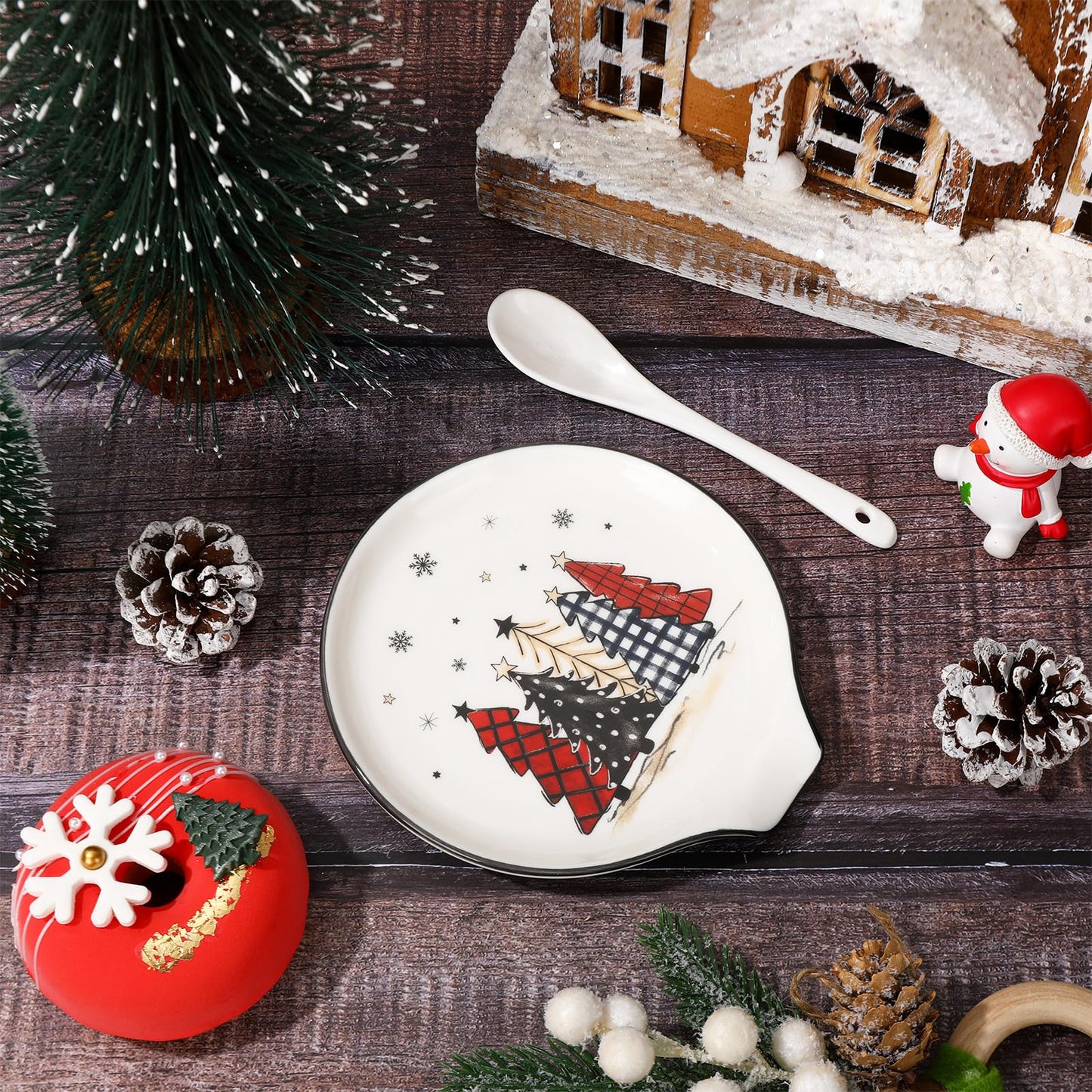JarThenaAMCS 4.7inch Christmas Ceramic Spoon Rest Plaid Xmas Tree Star Snowflake Small Coffee Spoon Holder for Winter Xmas Coffee Stirrers Teaspoon Bar Coffee Station Accessories