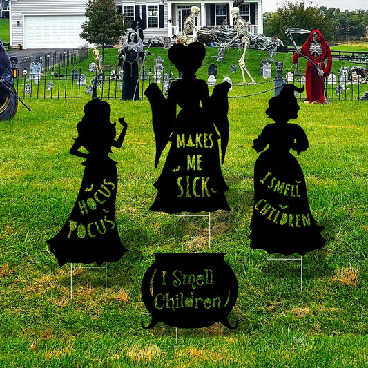 Arosche Extra Large Halloween Decorations Outdoor Hocus Pocus Yard Sign with Stakes 4 pack Witches Silhouette Themed I Smell Children Hocus Pocus Halloween Decor for Lawn, Yard, Garden, Party