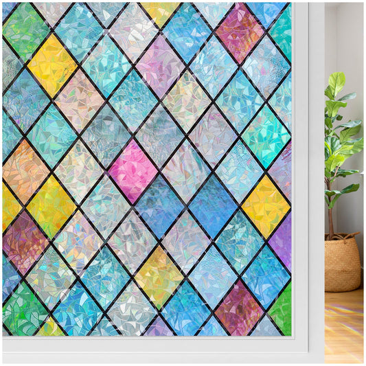 rabbitgoo Stained Glass Window Film Rainbow Film Decorative 3D Privacy Sticker Colorful Lattice Window Decals Cling, Sun Catcher Static Decals for Home 23.6"×78.7"