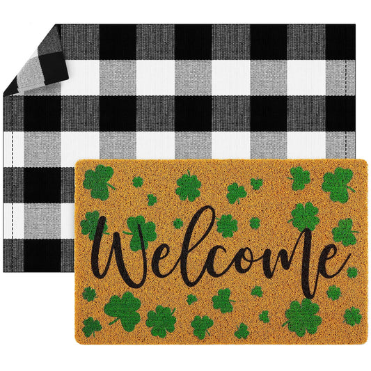 2 Pack St. Patrick's Day Layered Coir Doormats Irish Green Shamrock & Clover Plaid Welcome Mat Set Non-Slip Indoor Outdoor Rug for Front Door, Porch, Entryway Decor