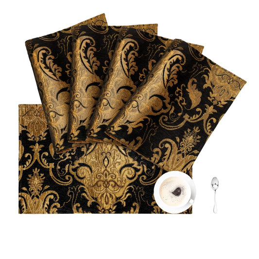 Loom and Mill Luxury Chenille Placemats Set of 4, Classic Damask Jacquard Table Place Mats for Dining Table Kitchen Halloween Holiday Banquet Decoration, Double-Layer Dining Table Mats(12"x18", Black)