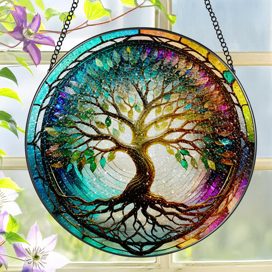 Stained Glass Window Hanging, LAOWEIKI 8'' Tree of Life Suncatcher, Stained Glass Ornament, Suncatchers for Windows Hanging, Window Decor, Outdoor or Indoor, Gifts for Mom, Grandma, Wife, Family