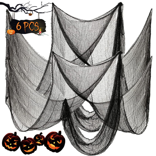 6 Pcs Halloween Decorations Creepy Cloth Indoor Outdoor, Scary Gauze Halloween Party Decoration, Spooky Home Decor Supplies for Table Tree Garden Doorways Haunted House Yard Skeleton (Black, 30"x72")