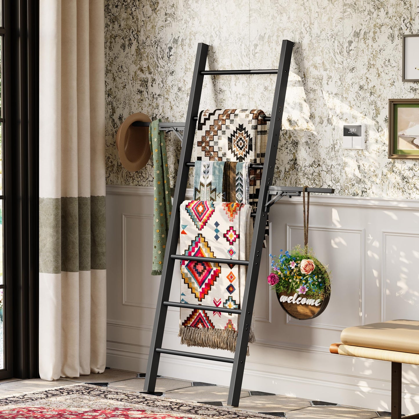 Metal Blanket Ladder, 7-Tier Towel Rack with Ajustable Side Rack, Blanket Rack Stand for Living Room, Bathroom, Quilt Display Ladder Shelf, Farmhouse Black