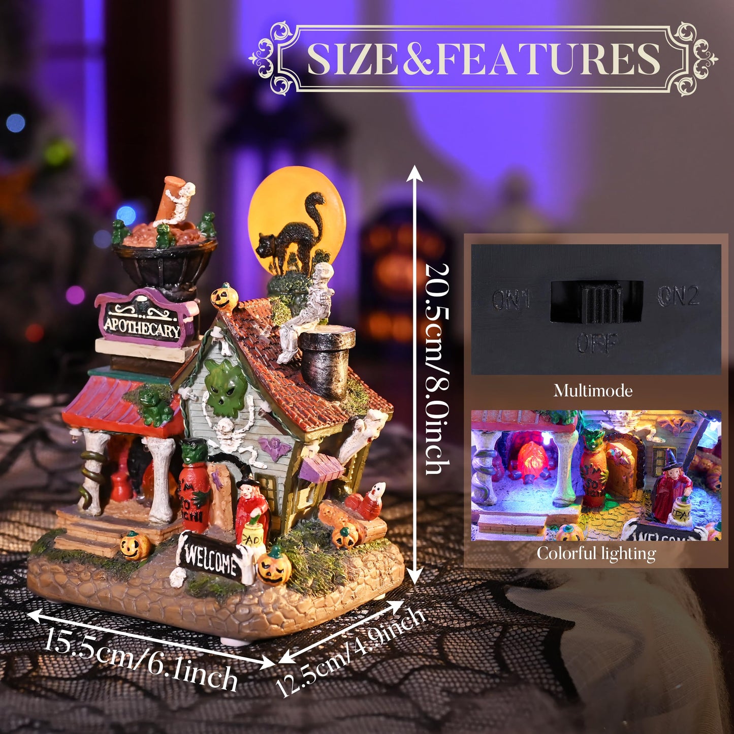 Valery Madelyn Halloween Decorations, Lighted Halloween Village Houses with Music and LED Lights, Resin Haunted House Spooky Town Scary Witch's Potion for Home and Party Table Desk Mantel, 8 Inch