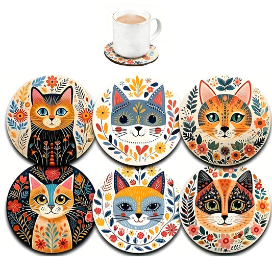 Coasters Set of 6, Cute Drink Coasters for Cat Lovers, Thick Heat-Resistant Wood Coasters for Coffee, Office, Bar & Tabletop Protection, Funny Home Decor |NAJIKA