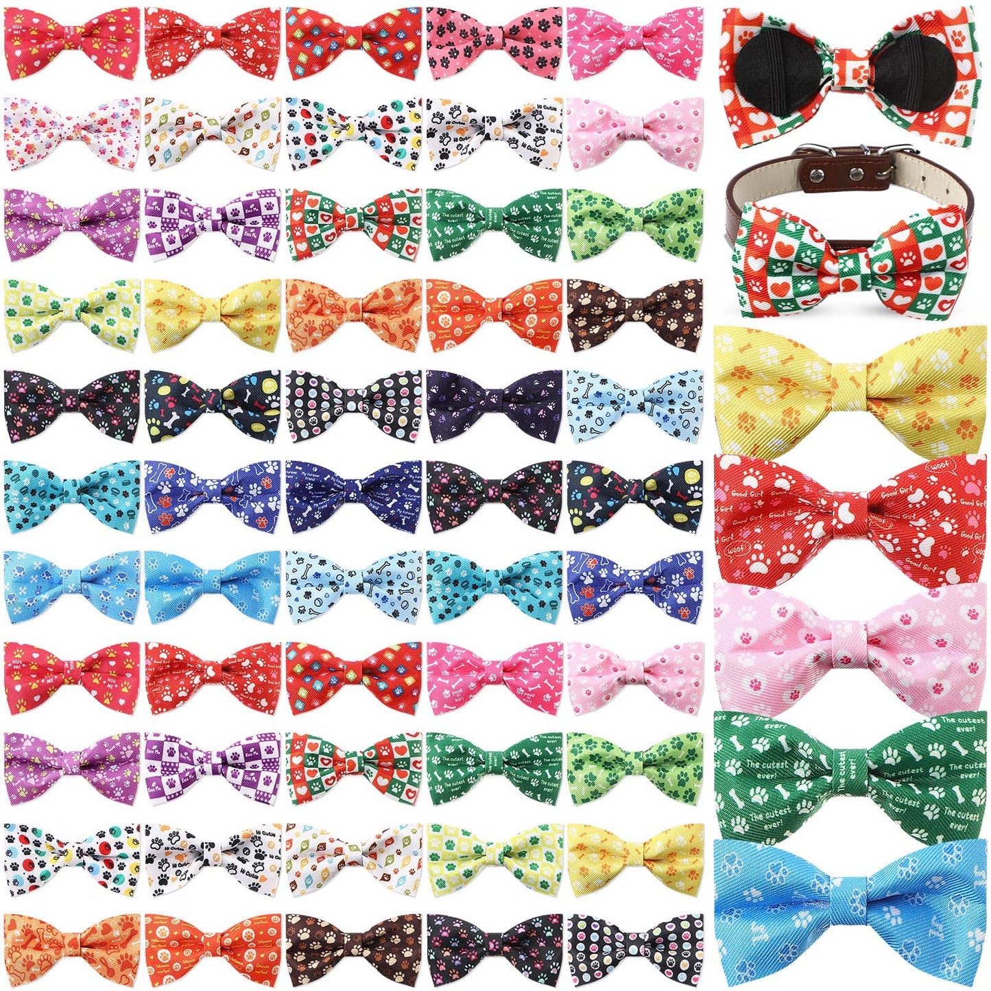Cosblank 60 Pcs Paw Bone Print Dog Collar Bow Ties Bulk Dog Grooming Supplies Bowtie Accessories Puppy Bows Detachable Collar Charms for Small Medium Large Cat Pet Costume