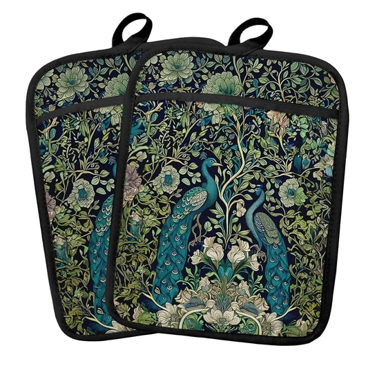 Fyecoluo Dark Green Botanical Peacock Pot Holders 2 Pack Set, Cottage Core Kitchen Decor, Vintage Art Nouveau Floral Peacock Heat Resistant Oven Hot Pads for Kitchen Countertop Baking