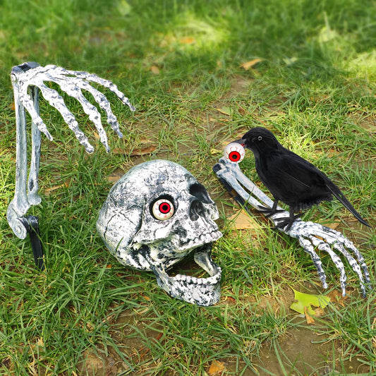 Skeletons Halloween Decorations Outdoor, Realistic Skeleton Hands and Head with Crow and Red Eyes for Graveyard Yard Lawn Garden Decoration