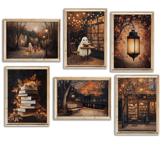 DULASI Vintage Fall Ghost Book Wall Art Set of 6, Dark Academia Autumn Prints, Spooky Cute Halloween Gallery Wall Decor, Witchy Bookstore Lantern Paintings for Living Room Bedroom, 12x16in, Unframed