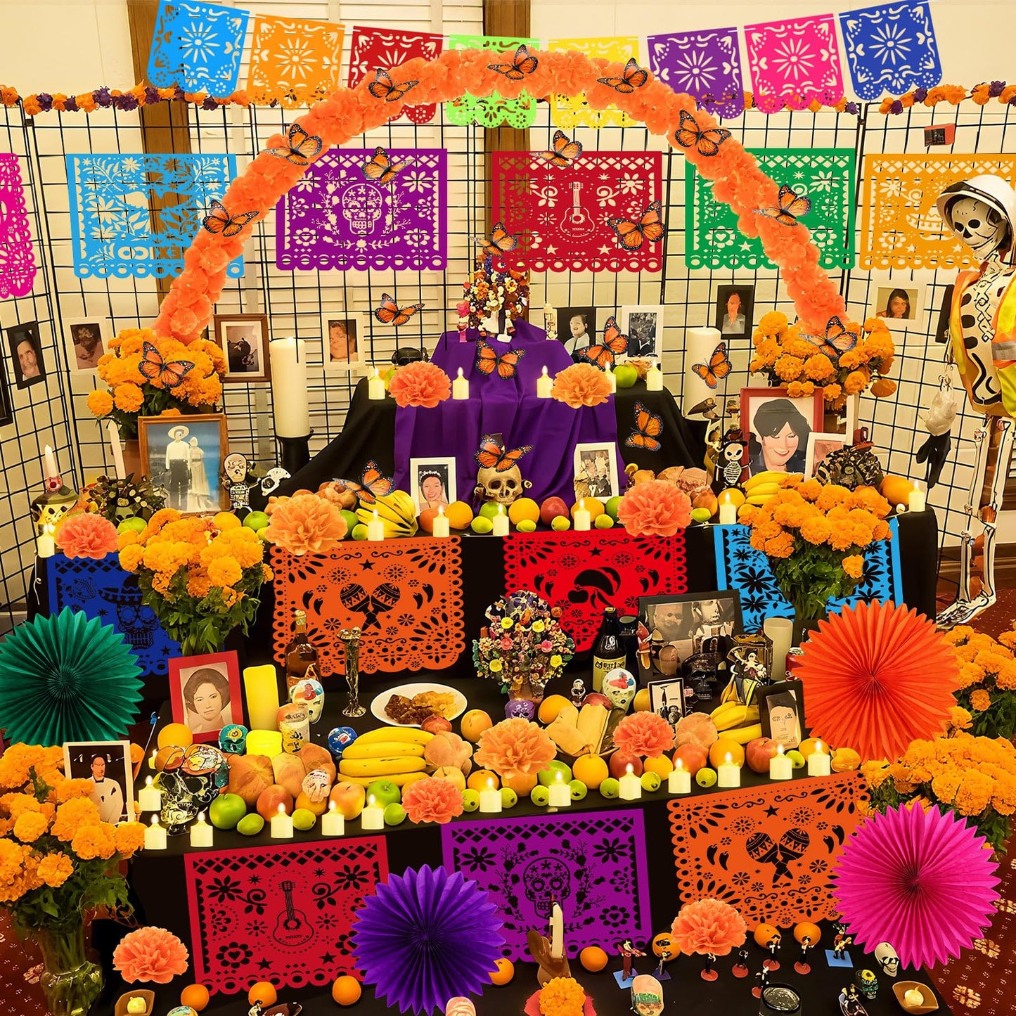 Suncalla 66 Pcs Day of the Dead Altar Set Marigold Flower Arch Dia De Muertos Tablecloth Flameless LED Candle Paper Fan Butterfly Mexican Papel Picado Banner Supplies(Classic,Multicolor)