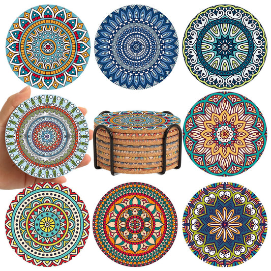 Cork Coasters Set of 8,Round Boho Coasters for Drinks,Cute Colorful Coaster with Holder,Apartment Farmhouse Office Bar Decor, Birthday Gifts for Mom Grandma(Mandala 5)