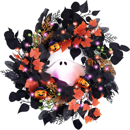 DecorbyHannah Voice Control Halloween Wreath with Lights for Front Door, 18 Inch Pre-Lit Ghost Jack-o'-Lantern Pumpkins Wreath Halloween Spooky Decorations for Home Porch Wall Indoor Outdoor Decor
