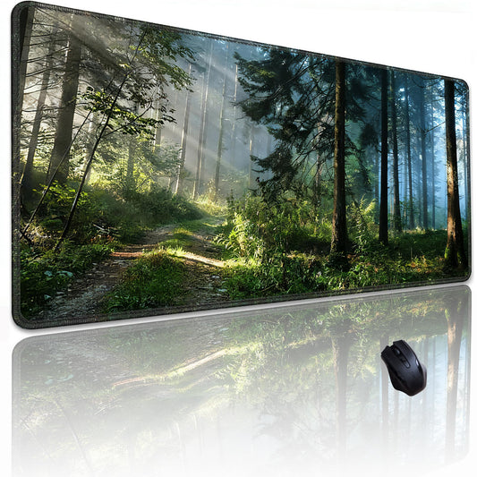 Gudnis Morning Mist Forest Mouse pad, Micro-Woven Fabric Desk pad,Large Green Tree Natural Scenery Desk mat with Sewn Edges, Anti-Slip Rubber Base, Suitable for Office laptops, Size 31.5×11.8 in