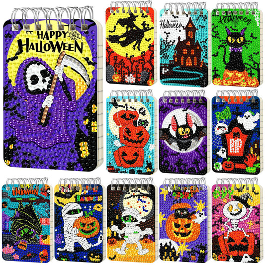 Frienda 12 Pcs Halloween Diamond Painting Notebook Kits for Adults DIY Halloween Diamond Art Journal Notebooks 5d Ghost Gem Dots Cover Notepad Gift Set Journal Art Crafts Accessories with Tools
