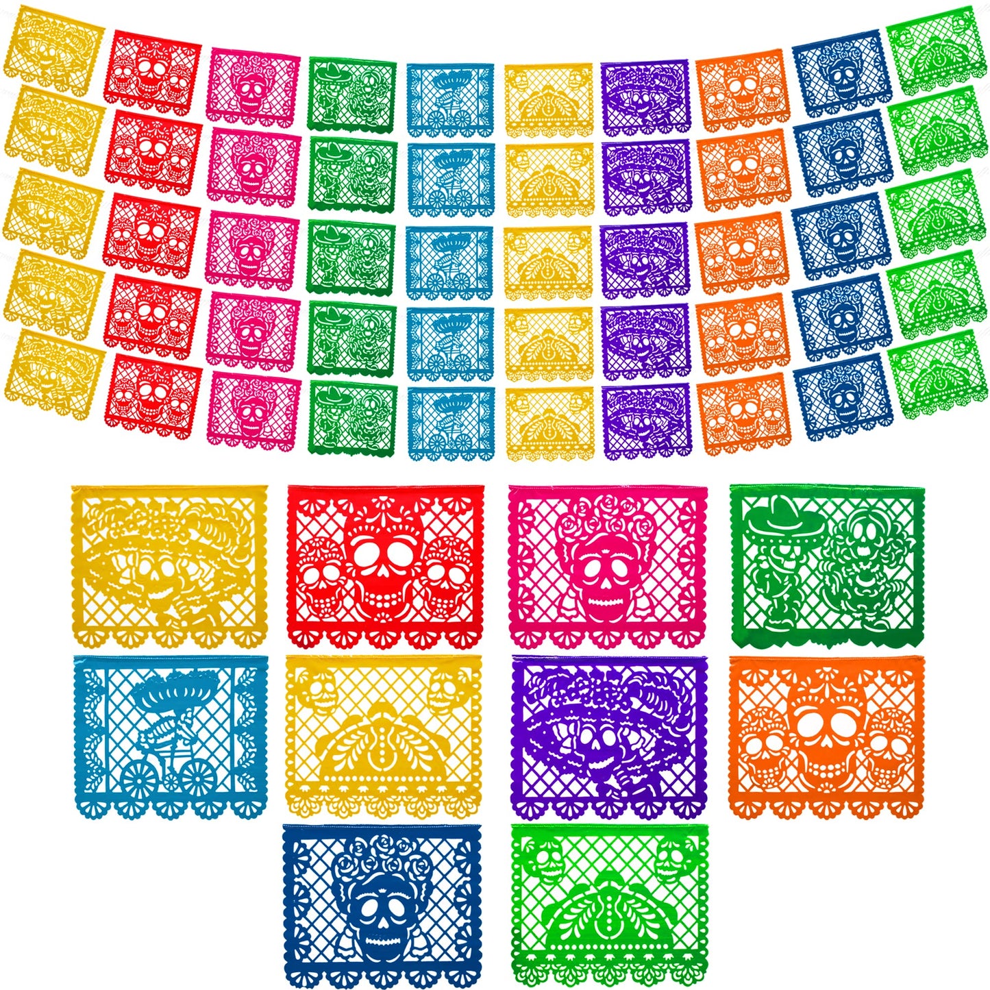 Mexican Party Banners (5 Pack - 10 Plastic Flag Designs per Banner) - Papel Picado Dia de Los Muertos Decorations for Altar - Day of the Dead Banners - Day of Dead Decor