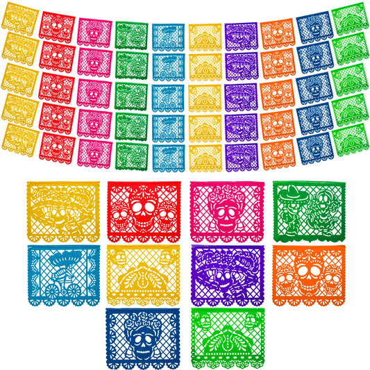 Mexican Party Banners (5 Pack - 10 Plastic Flag Designs per Banner) - Papel Picado Dia de Los Muertos Decorations for Altar - Day of the Dead Banners - Day of Dead Decor