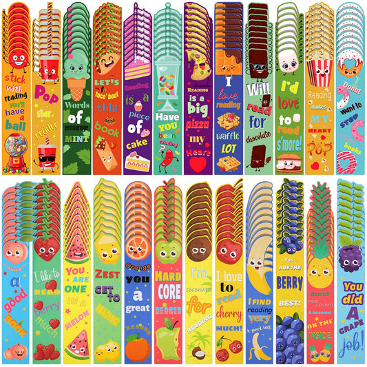 Geyee 216 Pcs Fruit Scented Bookmarks Scratch and Sniff Bookmarks Fun Classroom Smelly Bulk for Kids Students Teens School, 24 Styles