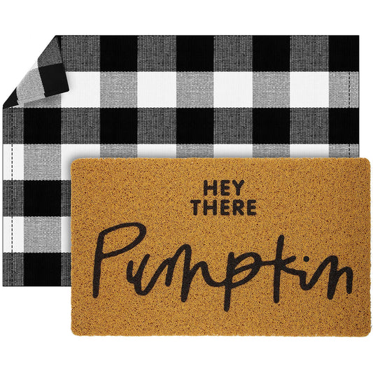 Fabbay 2 Pcs Fall Thanksgiving Welcome Doormat 17"x30" Hey There Pumpkin Doormat 24"x35" Black White Buffalo Plaid Floor Mat for Front Door, Porch, Indoor Outdoor Decor