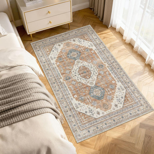 3x5 Washable Area Rug, Large Rugs for Living Room Stain Resistant Non Slip Backing Soft Low Pile Vintage Carpet for Bedroom Dining Room Kid & Pet Friendly Home Decor - Orange