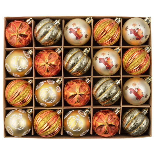 DecorbyHannah Fall Ornaments Decorations for Tree, 20ct Autumn Thanksgiving Harvest Pumpkin Tree Ornaments Set, Shatterproof Gold Orange Farmhouse Decor Hanging Ball for Home Indoor Table, 2.36in/60mm