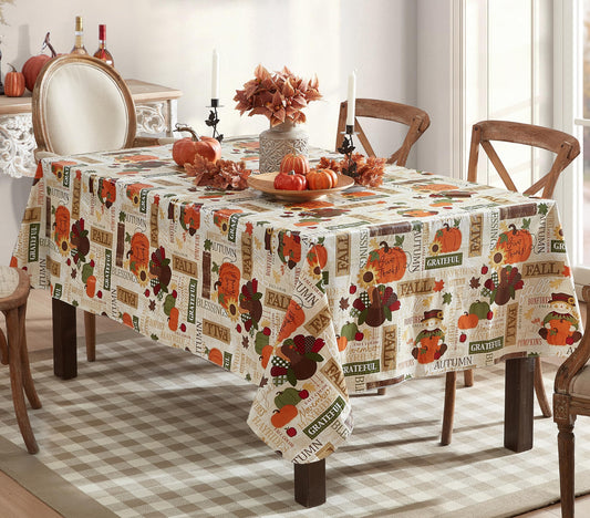 Newbridge Fall Hayride & Happy Scarecrow Vinyl Tablecloth with Flannel Backing, 52 x 70 Inch Rectangle – Gingham Turkeys & Pumpkins Rustic Thanksgiving Table Cover