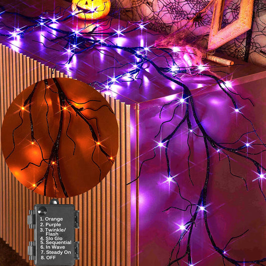 BAOLITVINE Halloween Garland Lights with 48L Orange and Purple Bi-Color LED 8 Functions, Black Glittered Lighted Garland Battery Operated 6FT for Indoor Outdoor Halloween Party Decoration