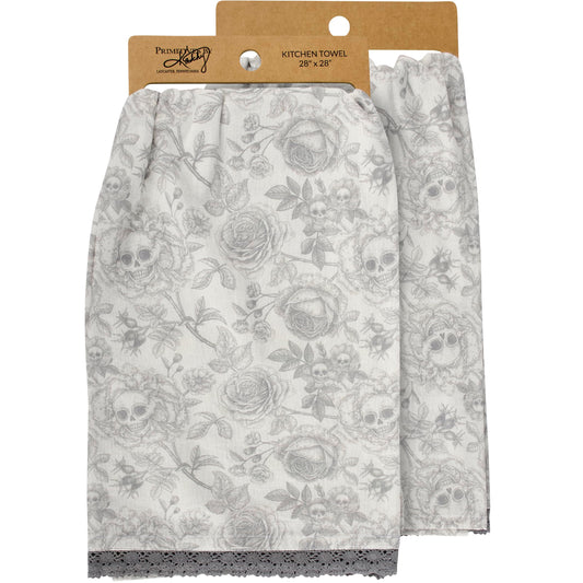 Primitives by Kathy Decorative Kitchen Towel, from Our Halloween Collection displays a Spooky Monochrome Pattern of Skull Flowers and Roses with a complementing Gray lace Trim