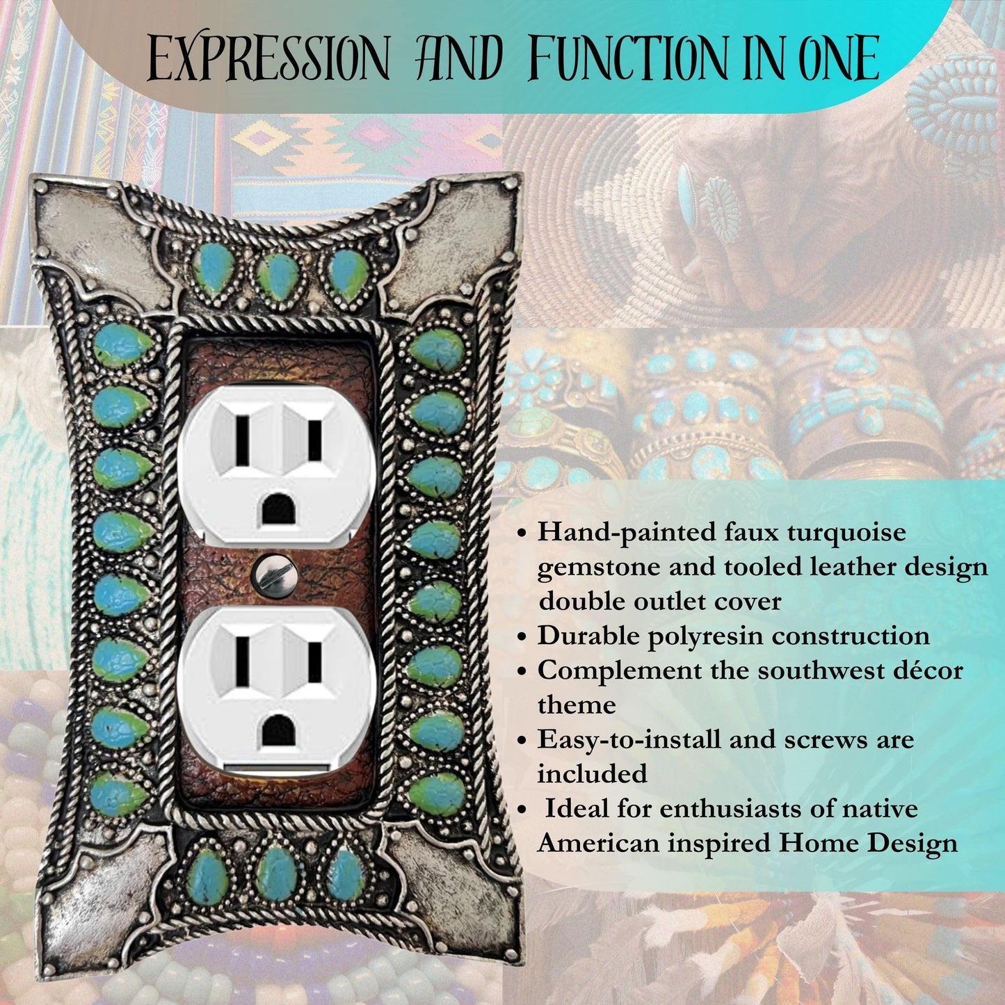 Double Outlet Cover Decorative Wall Plate - 1-Gang Light Switch Cover in Southwest Tooled Leather and Hand-Painted Faux Turquoise Gemstone Design - Southwestern & Native American Inspired Home Decor