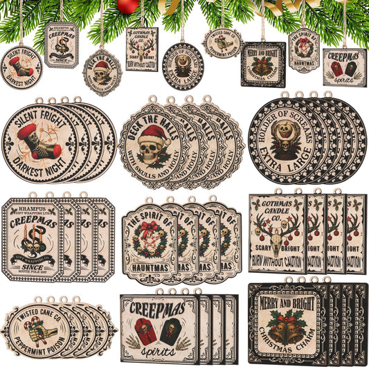Kathfly 36 Pcs Horror Christmas Ornament Scary Wooden Gothic Skull Xmas Tree Ornaments Dark Skeleton Hanging Stocking Cutouts Decor with Rope for Home Xmas Tree Party Holiday Decoration