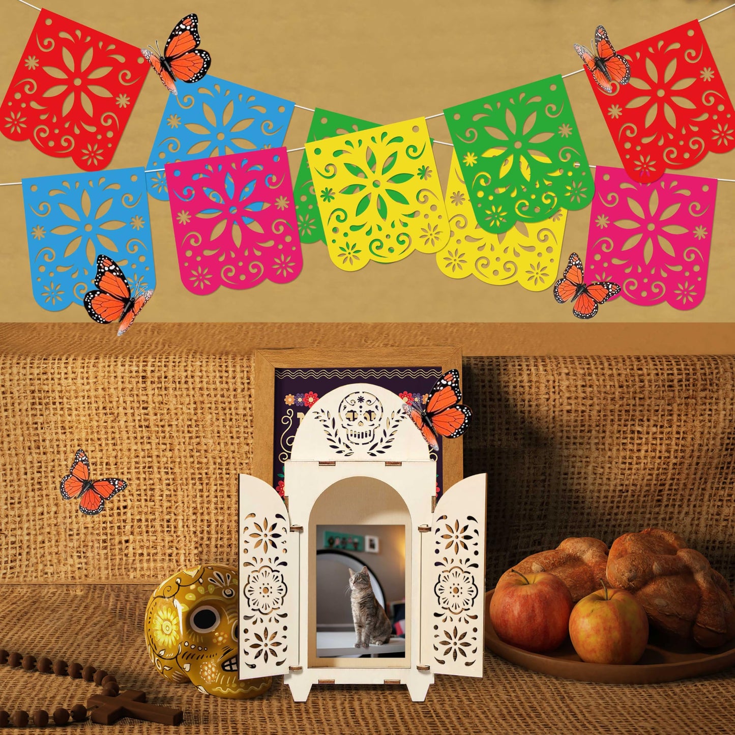 10Pcs Dia De Los Muertos Decorations Wooden Shadow Box Day of The Dead Ofrenda Altar Decor with Papel Picado Butterfly Remembrance Supplies