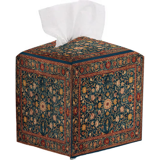 Tissue Box Cover Holder Square - Vintage Boho PU Leather Decorative Organizer, Ethnic Carpet Pattern Design Inspired, with Bottom Belt for Bathroom Car Office Tabletop Home, 5x5 Inch (Blue&Red)