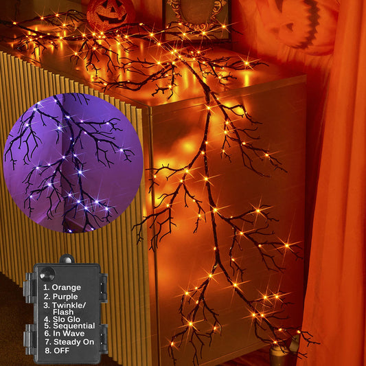 Hairui Halloween Garland with Lights 120 Orange and Purple Bi-Color Fairy Lights 8 Functions, Lighted Black Garland 6FT Battery Operated for Indoor Outdoor Home Halloween Decoration