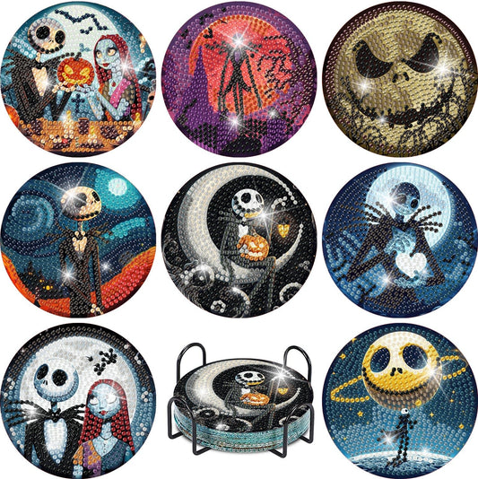 8 Pcs Halloween Diamond Painting Coasters Kits for Adults Beginners, DIY Horror Skull Diamond Art Coasters with Holder, Full Drill Rhinestone Painting Coaster Kits for Supplies Gifts 4X4 Inch.