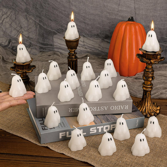 EBaokuup 20 PCS 2'' X 1.6'' Halloween Ghost Candles, Ghost Shaped Decor Candles, Fun Face Spooky Burning Candle for Halloween Party Home and Table Decorations