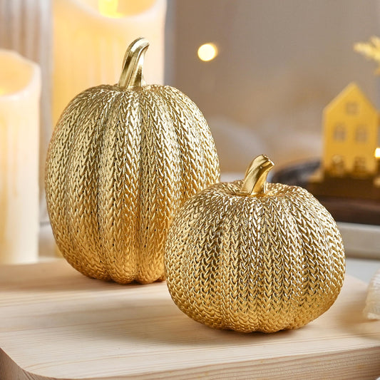 FESTGLOX Pumpkin Fall Decor Indoor - Gold Pumpkin for Decorating, 2Pcs Resin Pumpkins Decor with Woven Effect, Thanksgiving Table Centerpiece, Fireplace, Autumn Harvest Party Decorations