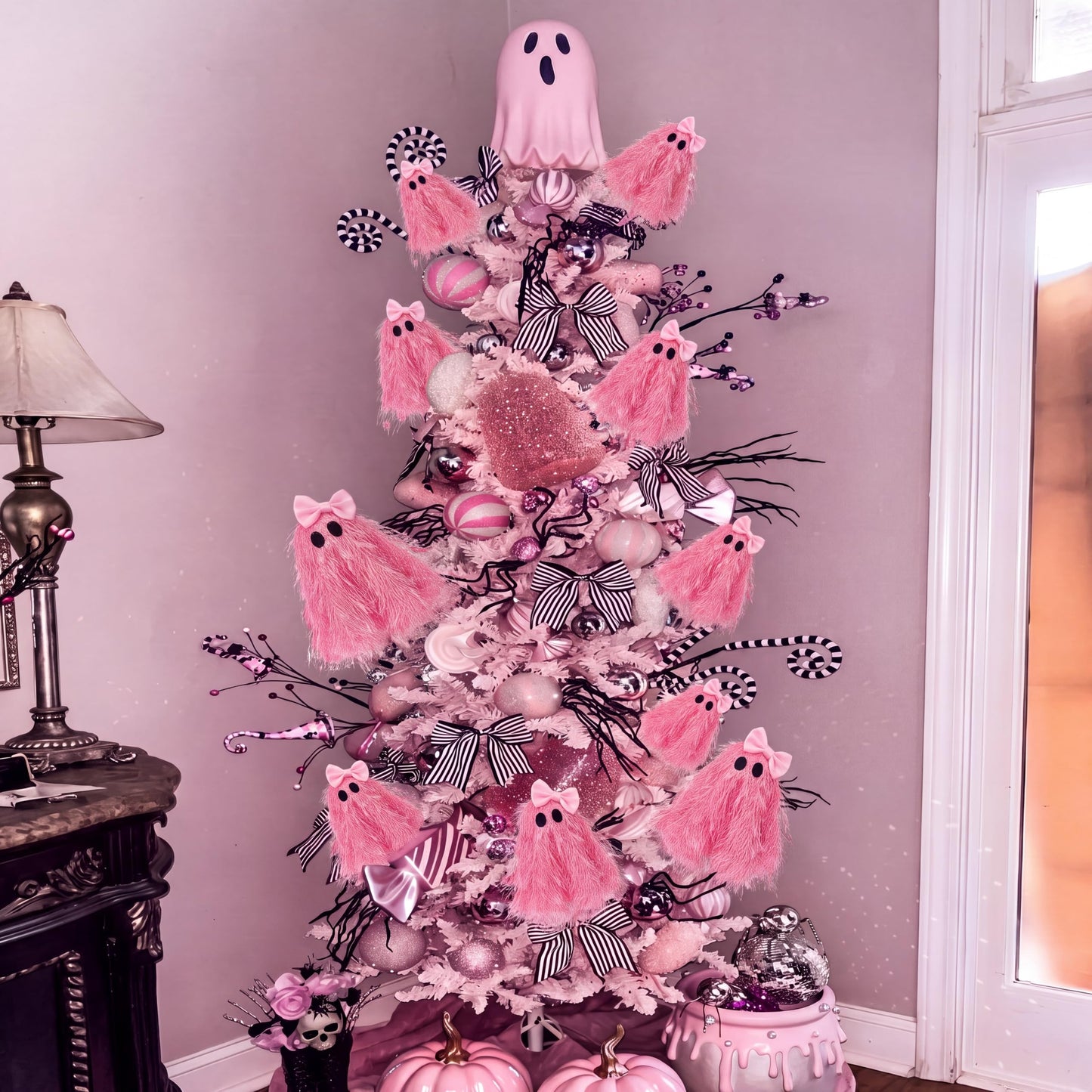 Suncalla 12 Pcs 12 Inch Halloween Spooky Ghosts Stems Glitter Ghost Picks with Tassel Gothic Halloween Tree Picks Floral Decor for Vase Floral Arrangements Table Centerpieces Decorations(Pink)