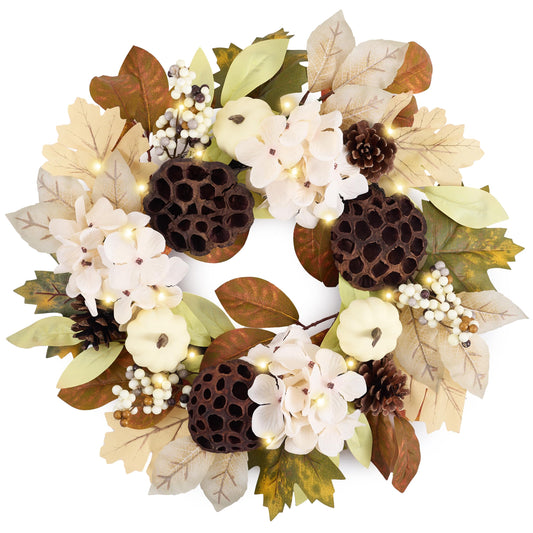 DecorbyHannah Fall Wreath for Front Door, 18 Inch Pre-Lit Autumn Harvest Thanksgiving Wreath with Light, Artificial Pumpkin Hydrangea Pinecone Lotus Maple Leaf Door Decor for Porch Wall Indoor Outdoor