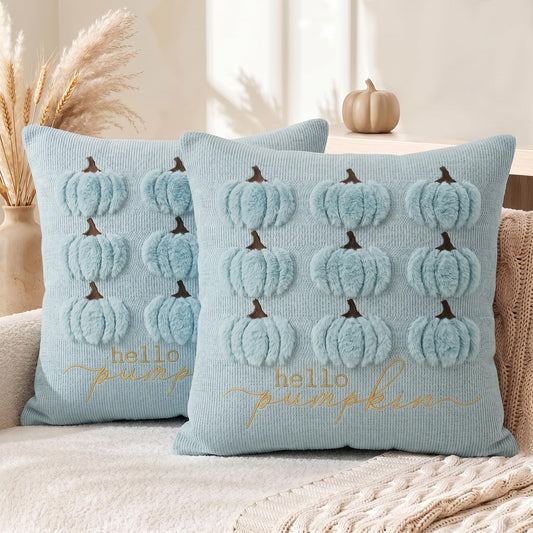 AVOIN colorlife Blue Hello Pumpkin Fall Embroidery Throw Pillow Covers, 18 x 18 Inch Autumn Harvest Thanksgiving Soft Plush Faux Fur Jacquard Cushion Case Decoration for Sofa Couch Set of 2
