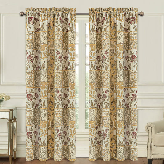 Loom and Mill Damask Patchwork Curtains for Bedroom, Beige Yellow Lined Jacquard Curtains 2 Panels with Tiebacks, Window Curtain for Living Room Banquet Halloween Decor, Rod Pocket(52”x 84”, 2 Panels)