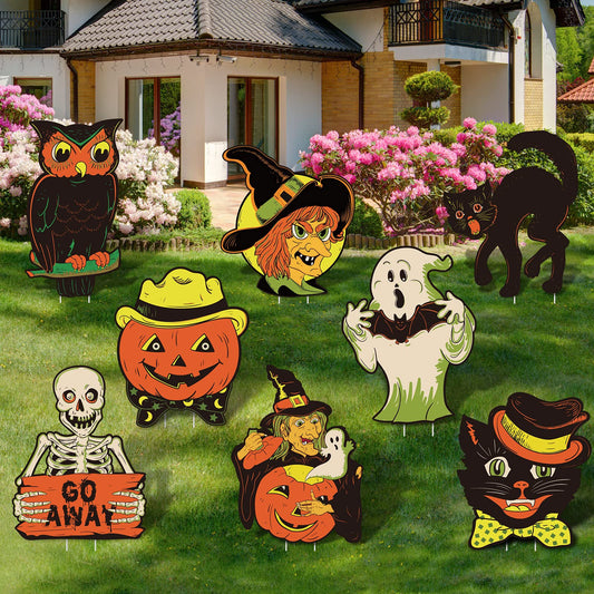 8 Pieces Halloween Yard Signs Vintage Lawn Decorations with Stakes Sturdy Corrugated Plastic Outdoor Decorations Witch Black Cat Pumpkin Ghost Owl Skeleton Garden Signs for Scary Halloween Party