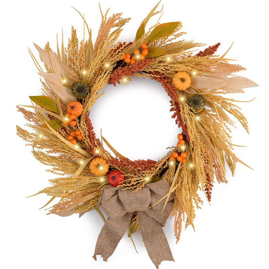 DecorbyHannah Fall Wreath for Front Door Outside, 24'' Collapsible Pre-Lit Rustic Farmhouse Autumn Harvest Door Wreath with Pumpkin Wheat Burlap Bow, Outdoor Fall Decorations for Home Mantle Porch